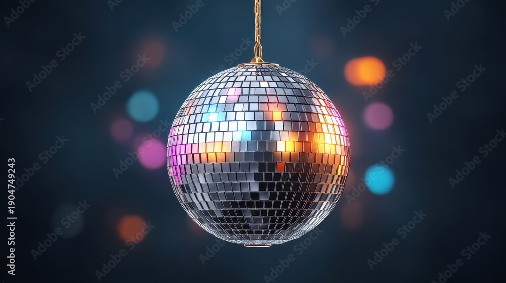 Fototapeta premium Sparkling Silver Disco Ball Hanging in a Dark Space with Colorful Bokeh Highlights