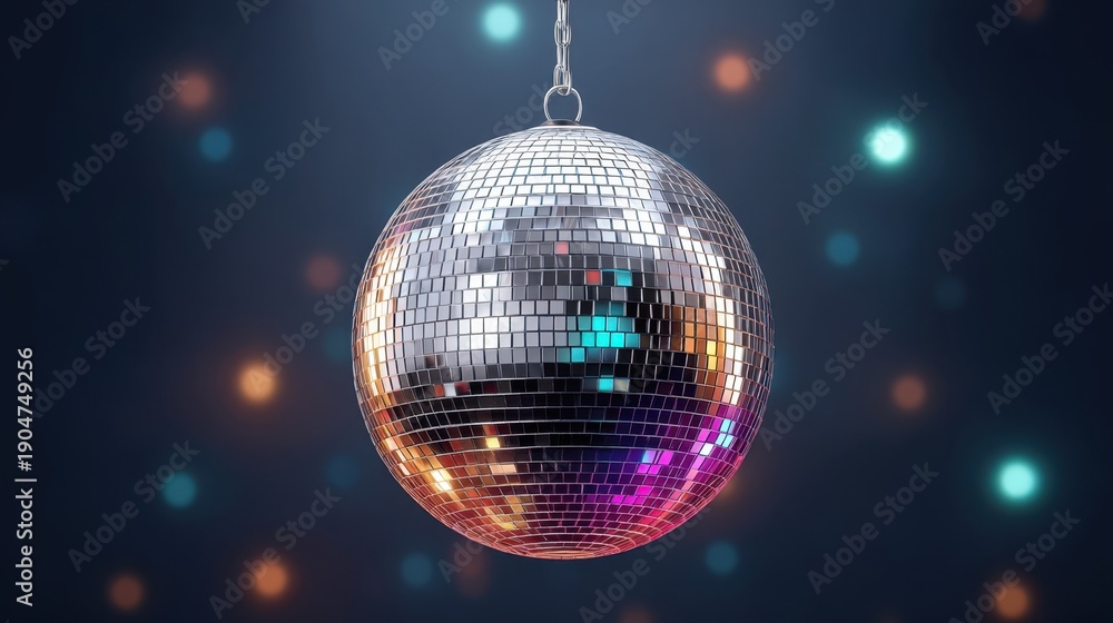 Obraz premium Silver Disco Ball Hanging Against a Colorful Background with Soft Bokeh Lights for Party Atmosphere