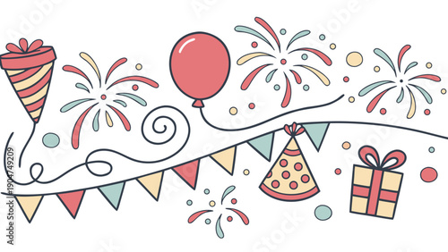 Hand drawn festive celebration border with party hats balloon fireworks bunting and gift box.