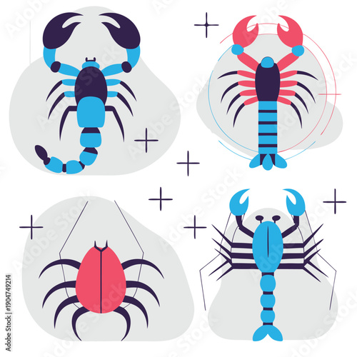 Arachnids and Crustaceans Flat Vector Set: Scorpion, Crab, Spider, Centipede Minimalist Design Isolated on White Background