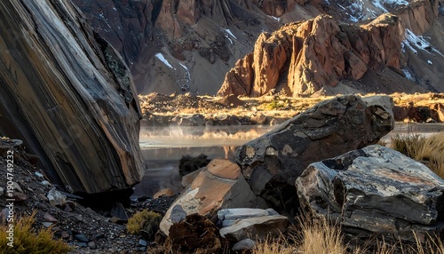 Rugged Mountain Landscape with Rocky Outcrops and River.