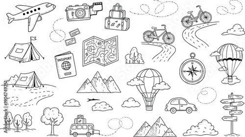 Travel and adventure doodle set, hand drawn vacation elements, outdoor camping icons, tourism travel transport sketches, black white vector illustration, cad drawing flat vector illustration