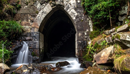 Ancient Stone Tunnel Entrance with Cascading Waterfall.