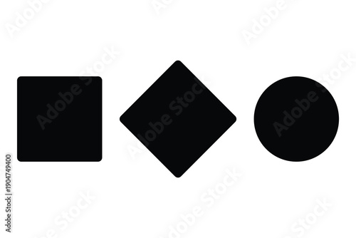 Black geometric shapes, a rounded square, a diamond, and a circle, isolated on a clean white background, perfect for design.