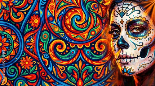 Cinco de Mayo abstract banner featuring Calavera Mexican face paint portrait