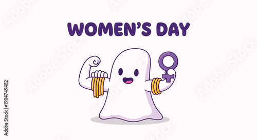 Cartoon Ghost Celebrating Womens Day with Symbol.