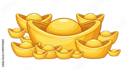 Vector illustration of a large golden yuanbao surrounded by smaller ones with Chinese New Year typography and a red and gold CNY ornament on a white background.