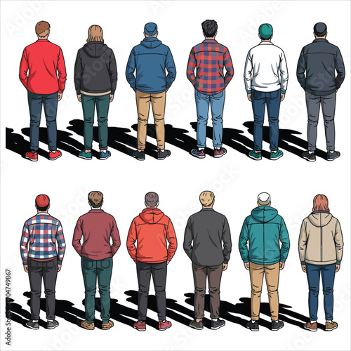 Group of Men Standing Back View Various Casual Outfits Stock Illustration