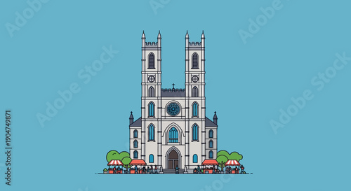 A grand architectural illustration of a majestic cathedral with two prominent towers, featuring an entrance with two arches and surrounded by trees and food carts, depicted against a clear blue sky