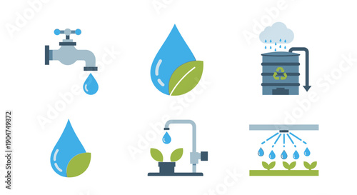 Water conservation and irrigation system icons for eco friendly practices
