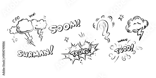 Foto A variety of onomatopoeic words representing different weather phenomena Vector