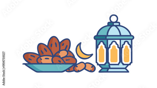 Ramadan and Eid al fitr concept. Dates with traditional lantern Light Lamp .vector icon
