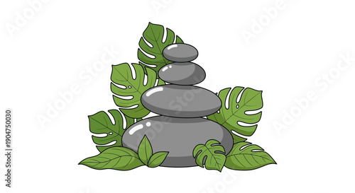 Serene nature scene with balanced stones and lush green leaves