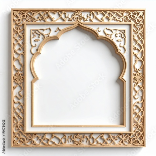 Intricate Wooden Archway With Geometric Patterns And Arabic Calligraphy Inspired Design On A White Background