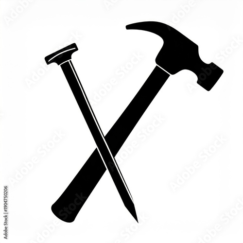 Black Silhouette of a Hammer Crossed Over a Nail on a White Background
