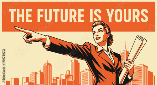 Business woman Leading the Way to Success with Outstretched Arm and Document in Hand