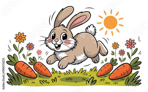 A cartoon rabbit happily running through a sunny meadow with carrots and flowers