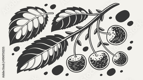 Hand drawn vintage woodcut style illustration of a cherry branch with ripe fruit and leaves