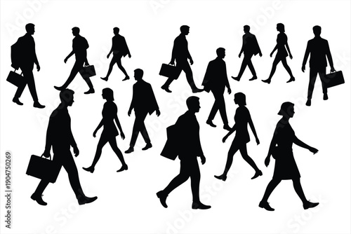 Group of People Walking Silhouettes with Briefcases on White Background