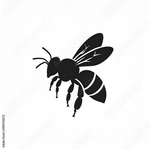 Stylized Black Silhouette of a Bee in Flight Against a White Background Detailed Insect Wings Body and Legs Vector Art
