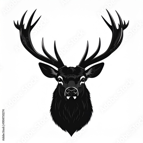 Majestic Black Deer Head With Large Antlers Detailed Pixel Art Style Centered Against A White Background Powerful Wildlife Portrait Emblematic Design