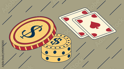 Two poker chips with dollar signs and a pair of playing cards are displayed against a background filled with slanted diagonal lines.