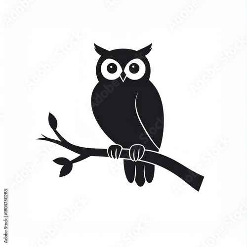 Black Silhouette Owl Perched on a Thin Branch with Small Leaves Against a White Background Minimalist Design