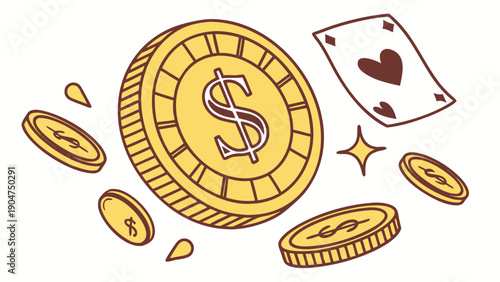 Hand drawn illustration of golden dollar coins and an ace of hearts playing card on white background.