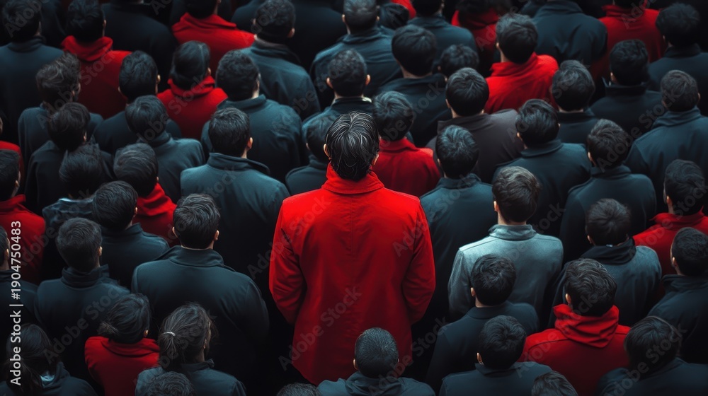 Obraz premium Lone Figure in Crowd: Man in Red Hoodie Standing Out from Anonymous Group of People, Back View, Urban Scene.