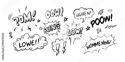 Bild auf Leinwand A collection of various comic book sound effect words in bold black text Vector