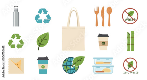 Eco friendly products and symbols for a sustainable lifestyle and zero waste