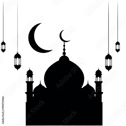 Elegant mosque silhouette with crescent moons and lanterns on white background for islamic celebrations and ramadan