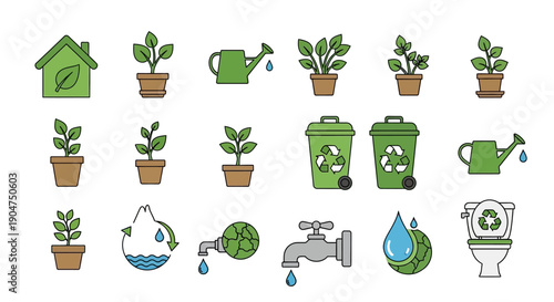Eco friendly gardening and water conservation icons