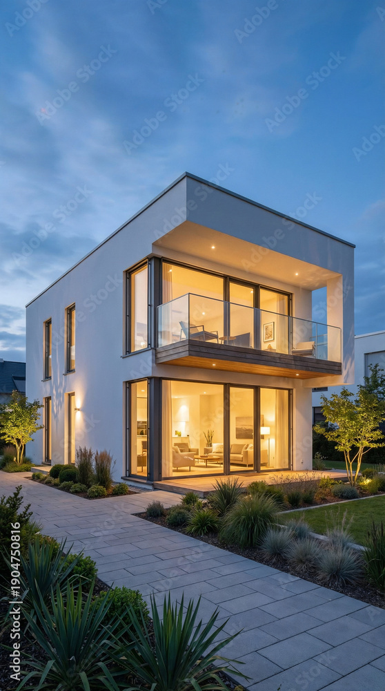 Fototapeta premium Modern luxury house exterior with glass balcony and landscaped yard, contemporary residential architecture
