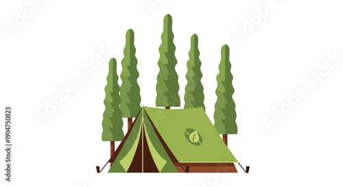 A small green tent nestled among tall trees in a serene forest setting for camping and outdoor adventure activities
