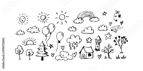 Canvas Print A whimsical illustration of various weather phenomena and natural elements Vecto