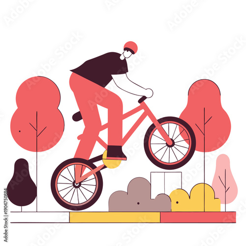 Flat Illustration of Biker Riding Bicycle Over Obstacle in Urban Park Scene Vector