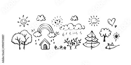 Photos A whimsical illustration of various weather elements and natural phenomena Vecto