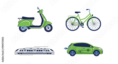 Lime green transportation options scooter bicycle limousine and car