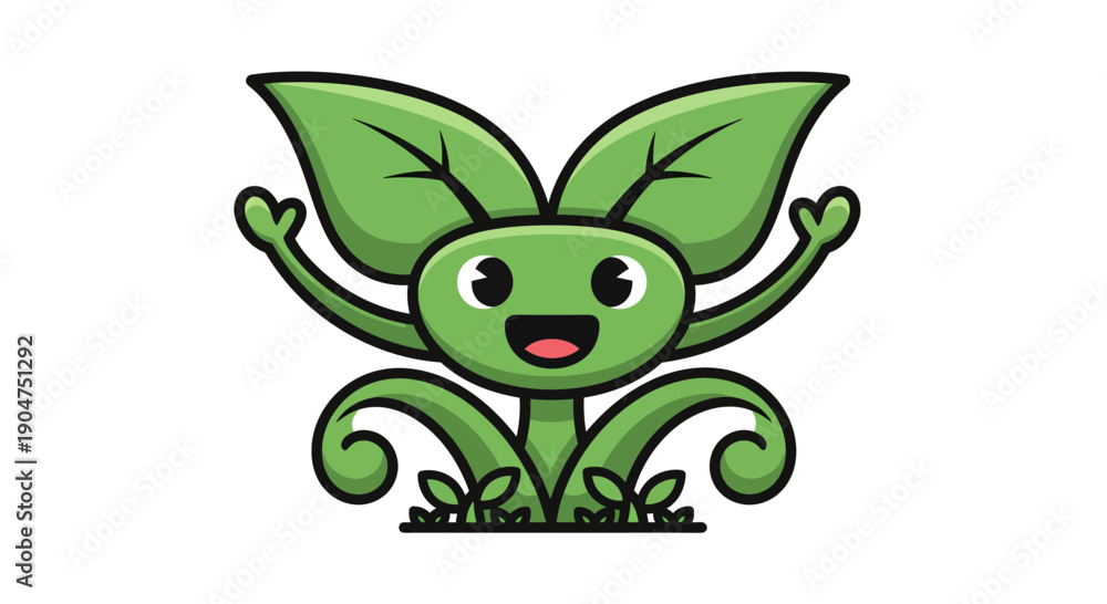 Fototapeta premium Cheerful cartoon plant smiling with bright eyes and leafy tendrils standing on grass, front view illustration