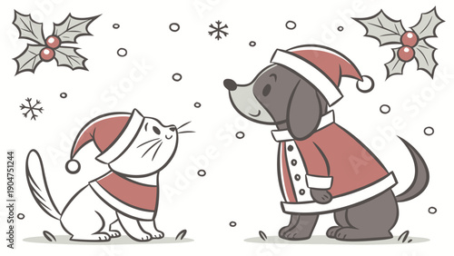 Cute cartoon illustration of a cat and dog wearing santa outfits in a snowy winter scene