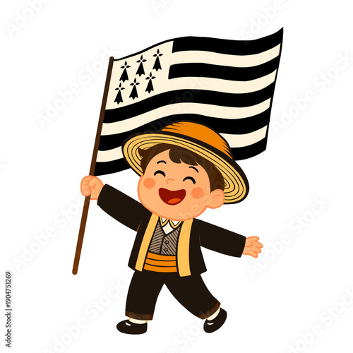 Happy Breton Boy In Traditional Costume Holding Flag of Brittany Vector Illustration

