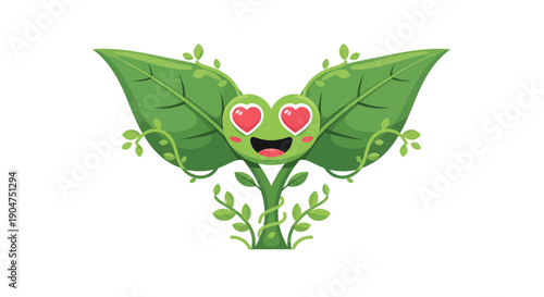 Cheerful Plant Emoji with Heart Eyes Smiling Amid Whimsical Leaves, Centered Cartoon Illustration on Simple White Background