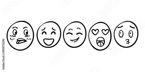 Five expressive faces showing a range of emotions from happiness to disgust. Vector