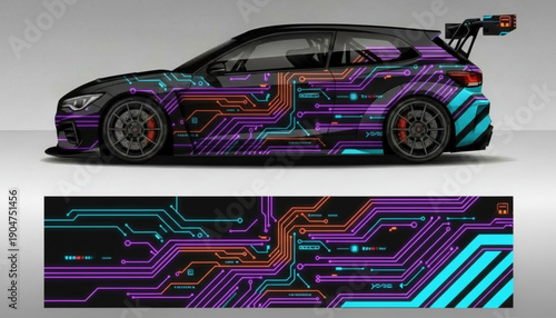 Sporty car with a vibrant circuit board graphic wrap design.