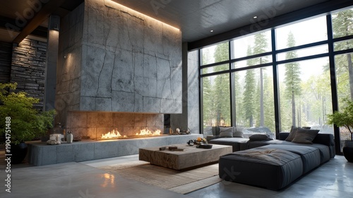 Modern Living Room Interior with Fireplace, Natural Stone Texture, Cozy Ambiance, and Panoramic Forest View.