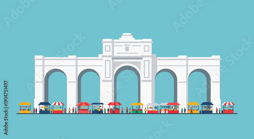 Grand Monumental Archway Entrance with Rows of Colorful Market Stalls Featuring Diverse Vendors and Products Under a Clear Blue Sky