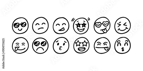 A collection of diverse facial expressions and emotions depicted in simple emoji style. Vector