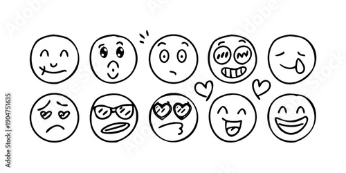 A diverse collection of cartoon faces expressing various emotions and states Vector