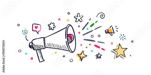 A colorful illustration of a megaphone emitting stars and sparkles. Vector